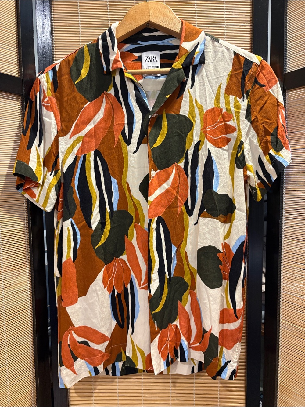 Zara Short Sleeve Leaf-Print Button-Down Shirt - Cream, Rust, Olive, Blue